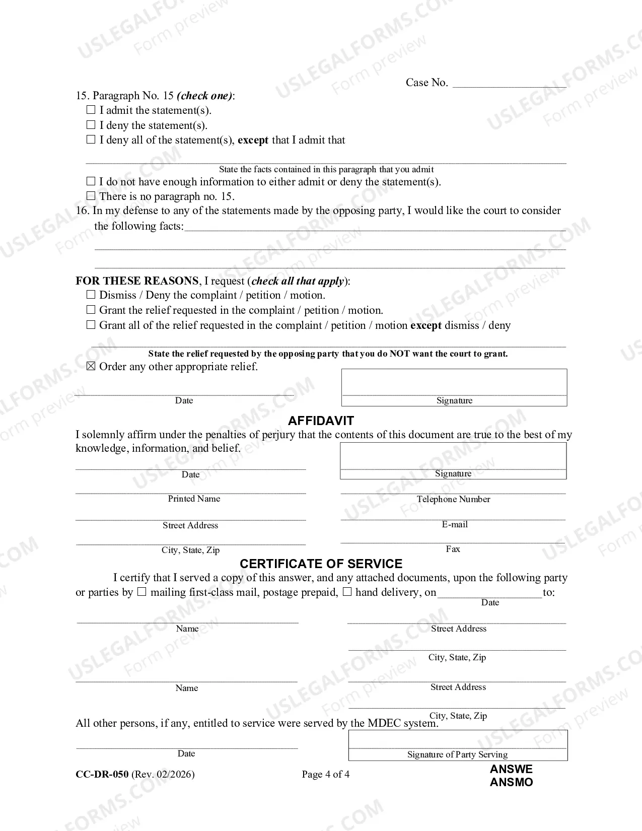 Preview Answer To Complaint Petition Or Motion