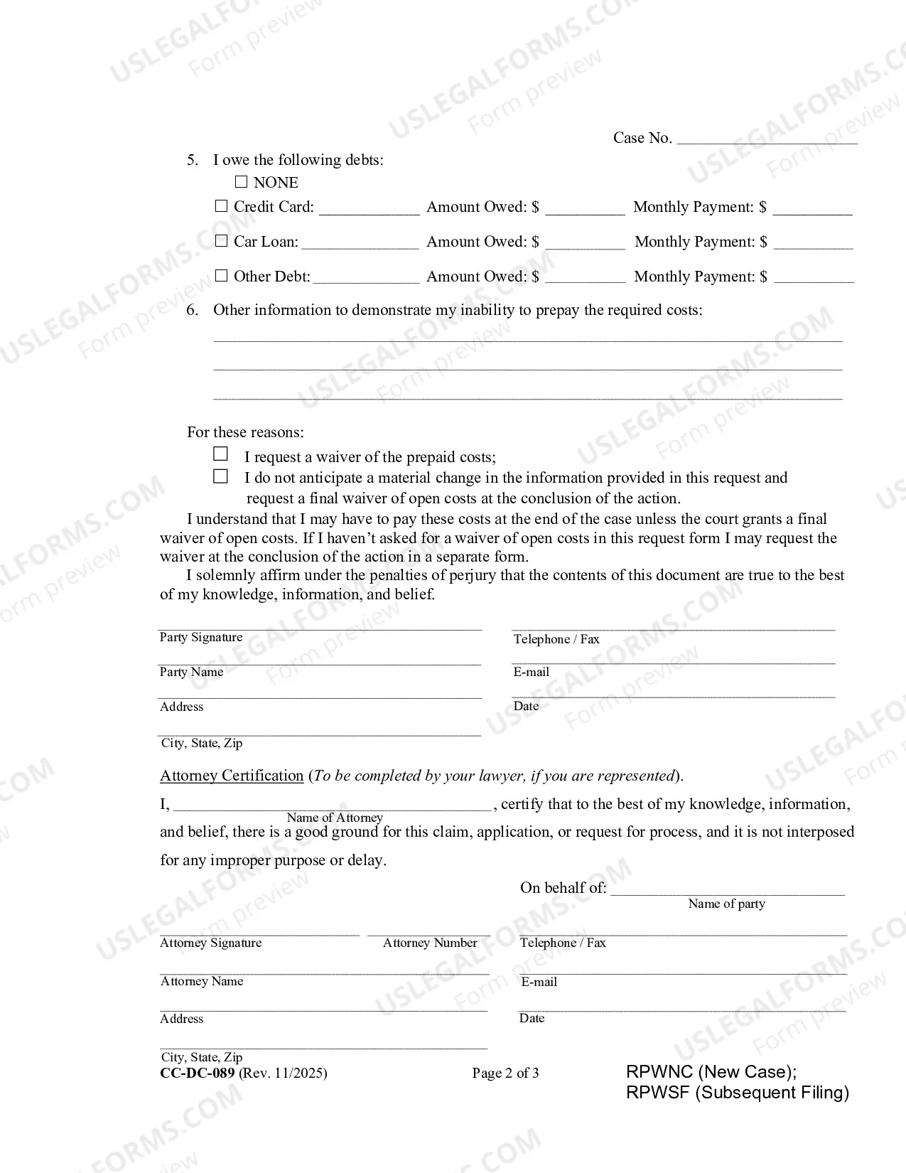 Preview Request For Waiver of Prepayed Costs