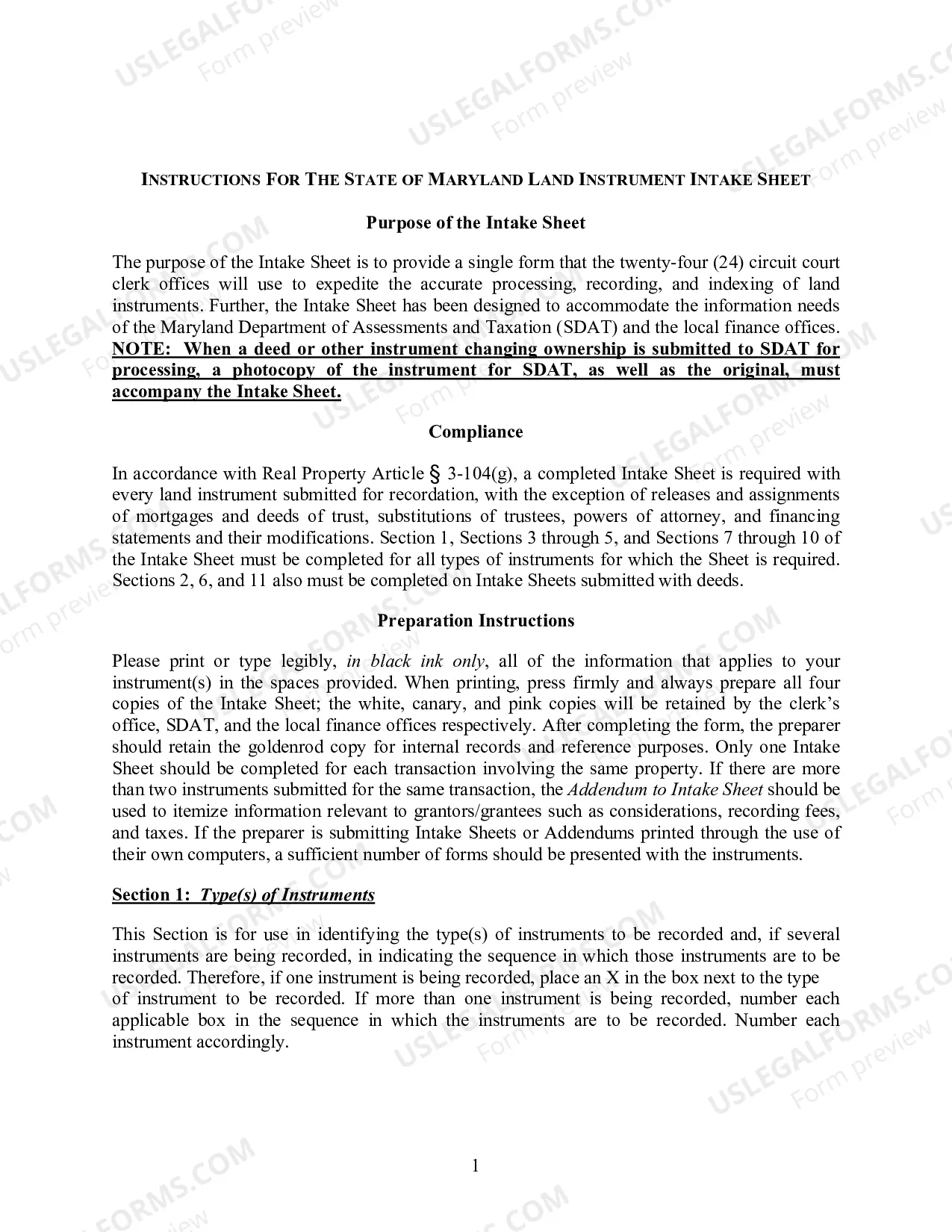 Preview Maryland Land Instrument Intake Sheet Instructions