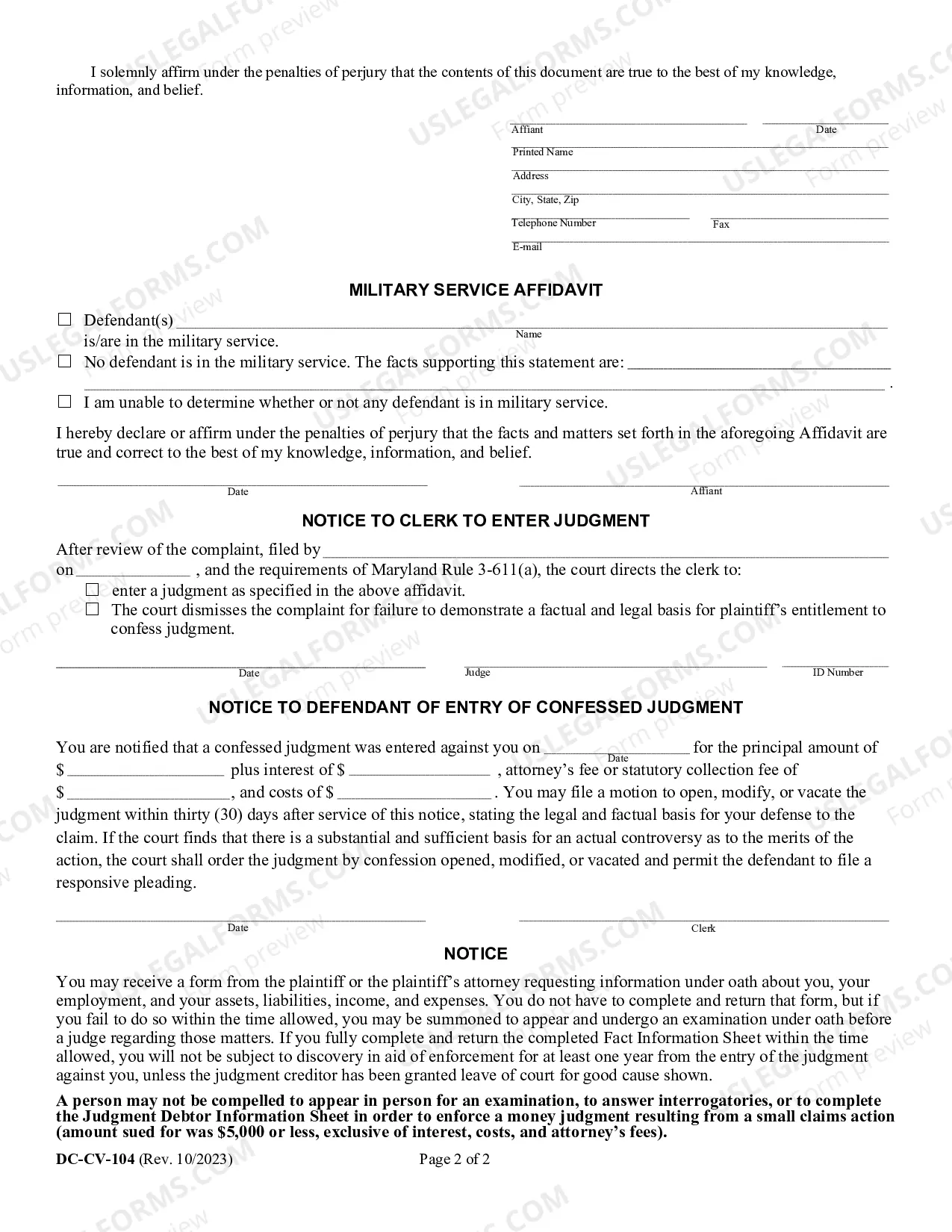 Preview Complaint And Affidavit For Judgment By Confession