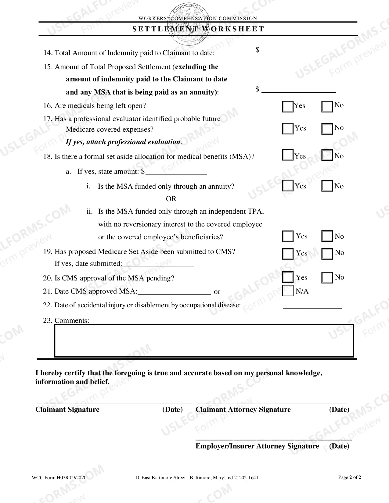Preview Settlement Worksheet
