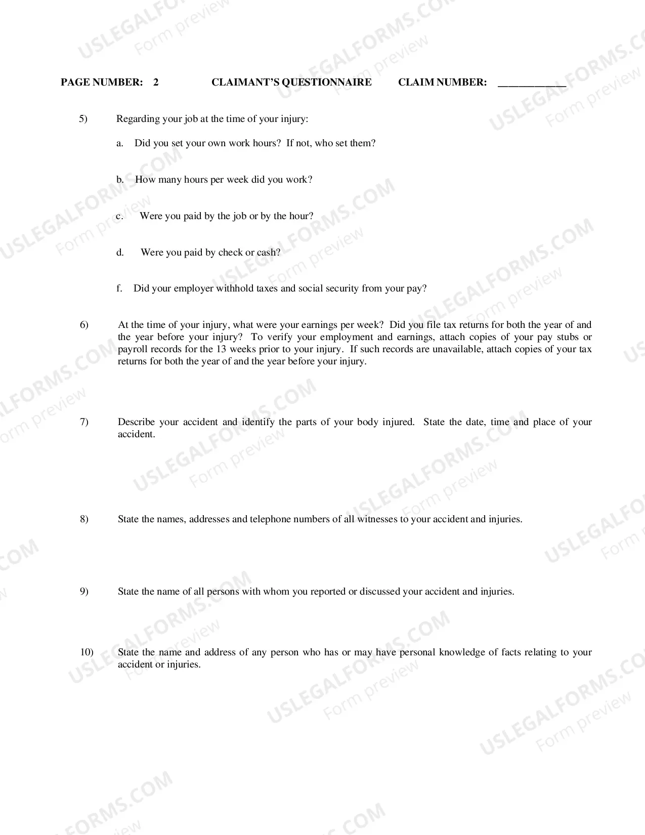 Preview Workers Compensation Claimants Questionnaire (Uninsured Employer)