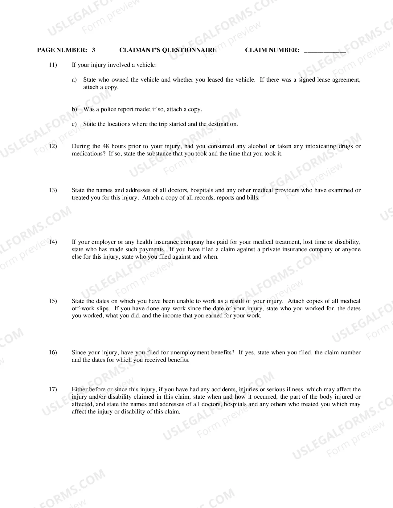 Preview Workers Compensation Claimants Questionnaire (Uninsured Employer)