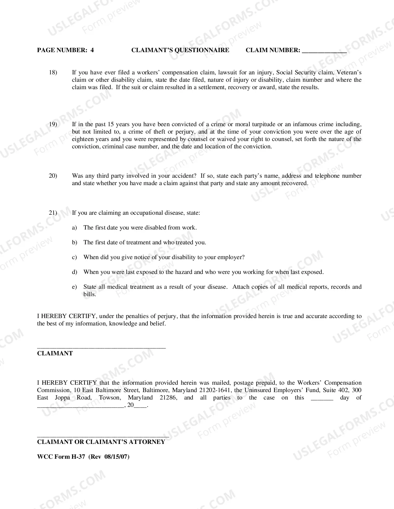 Preview Workers Compensation Claimants Questionnaire (Uninsured Employer)