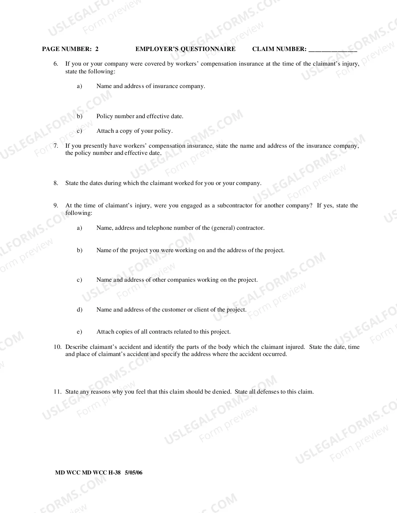 Preview Workers Compensation Employers Questionnaire (Uninsured Employer)