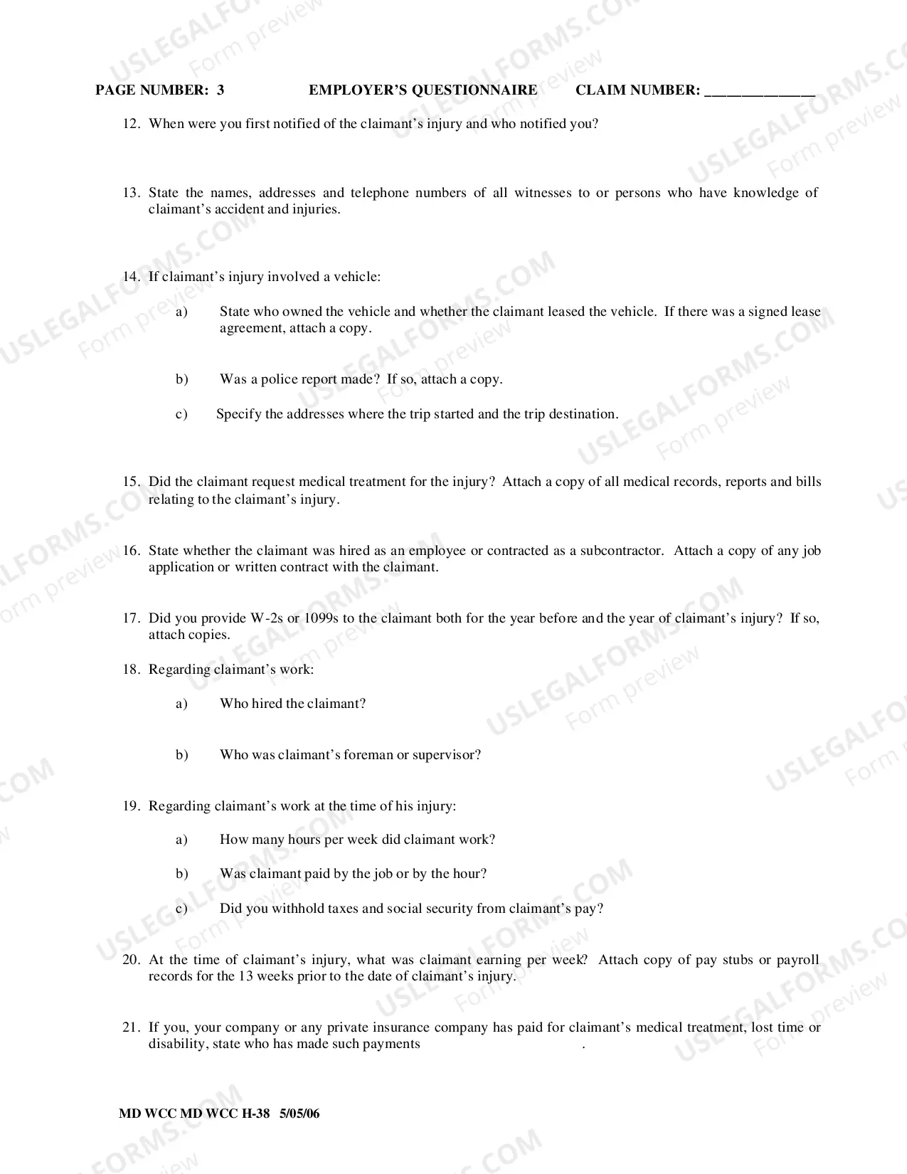 Preview Workers Compensation Employers Questionnaire (Uninsured Employer)