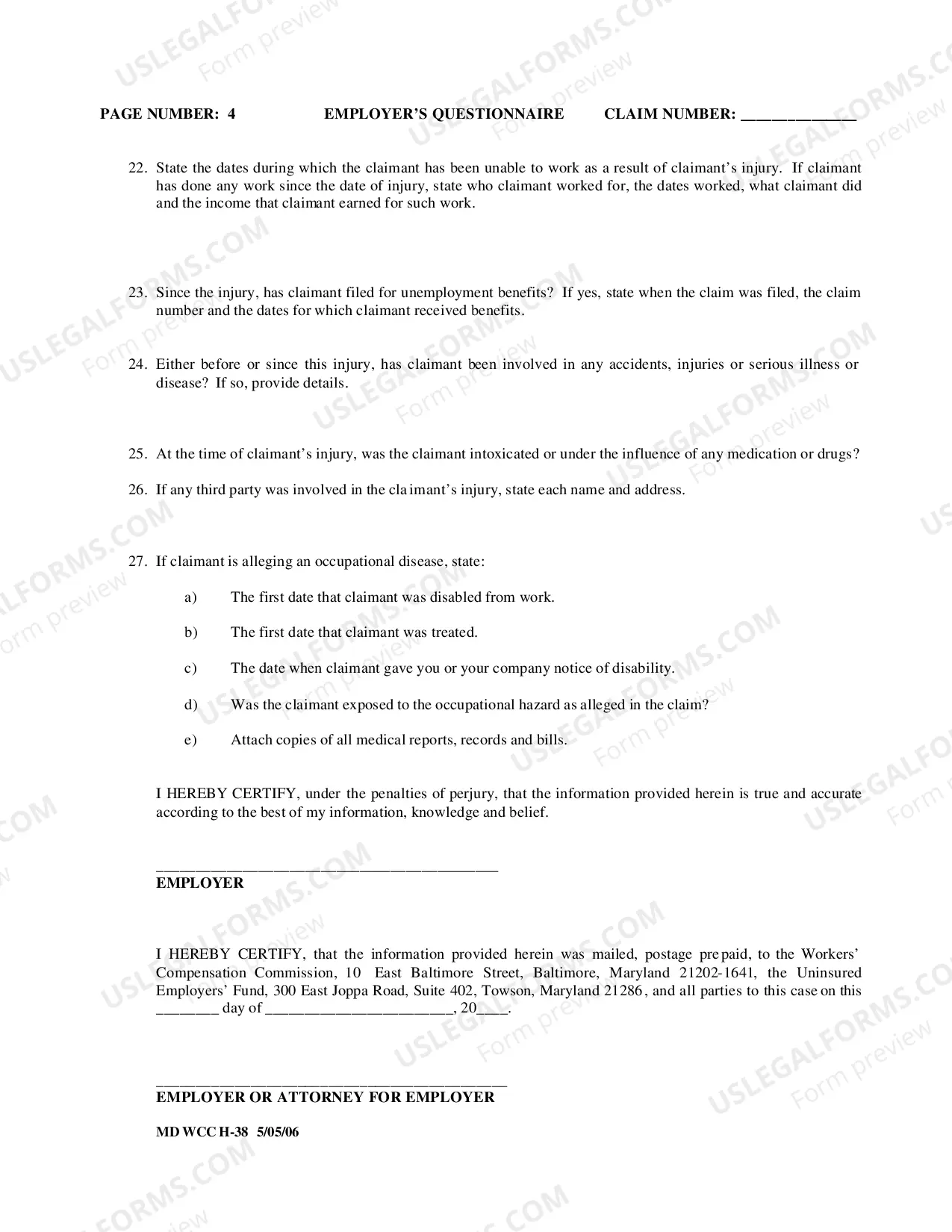 Preview Workers Compensation Employers Questionnaire (Uninsured Employer)
