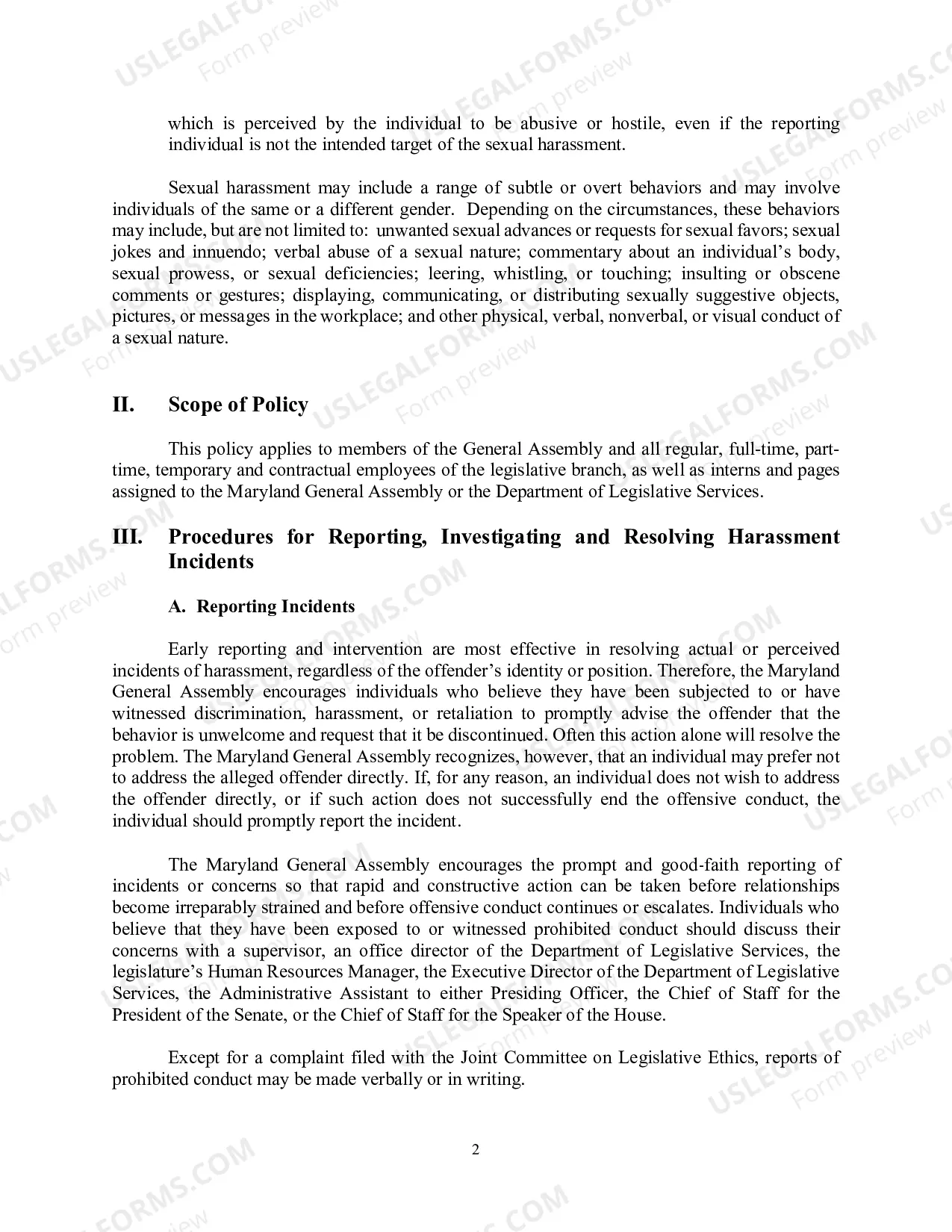 Preview Maryland General Assembly Anti-Harassment Policy and Procedures