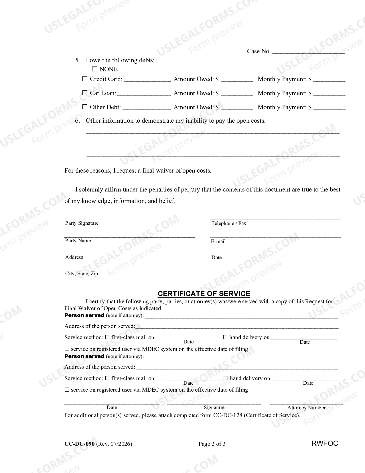Preview Request for Final Waiver of Open Costs