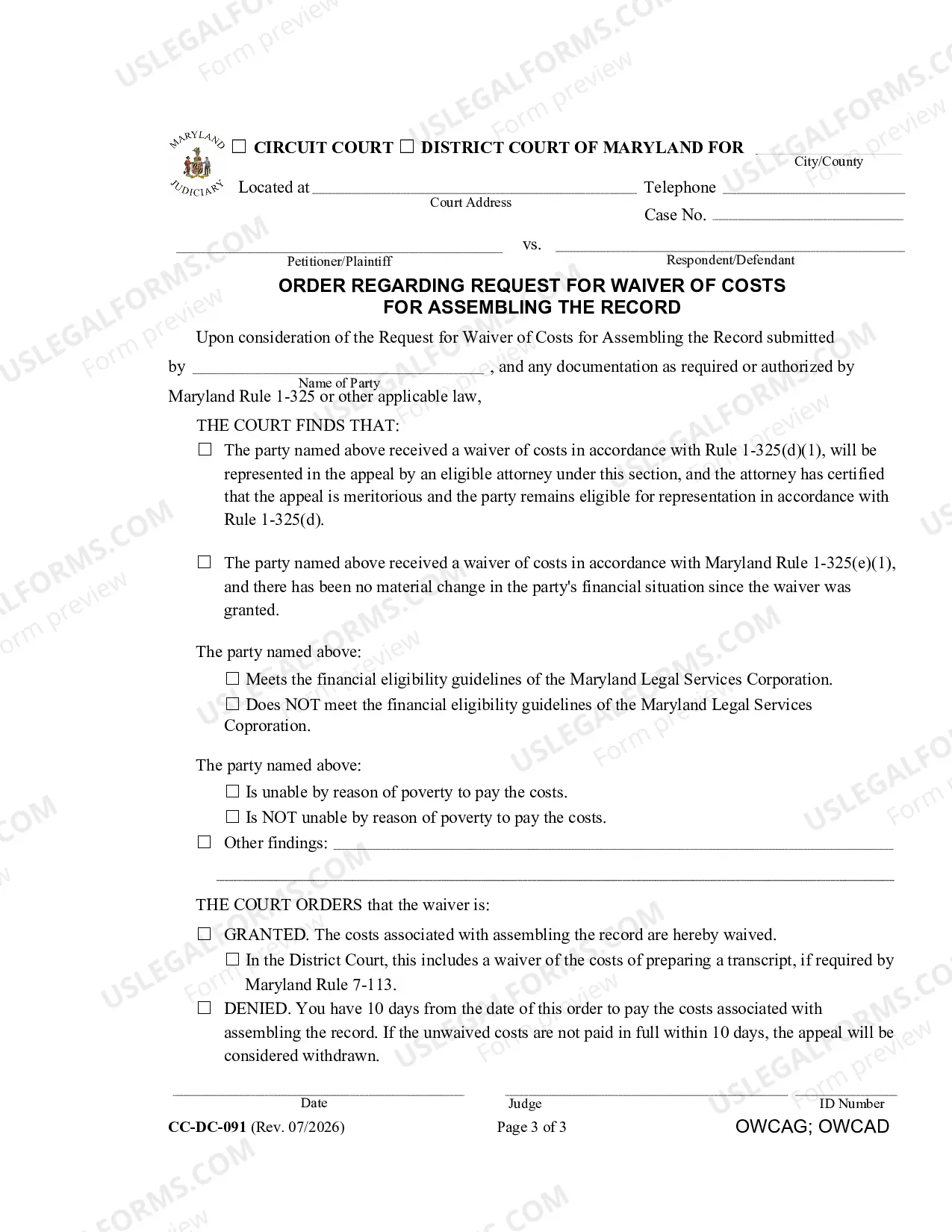 Preview Request for Waiver of Prepaid Costs for Assembling the Record for an Appeal.