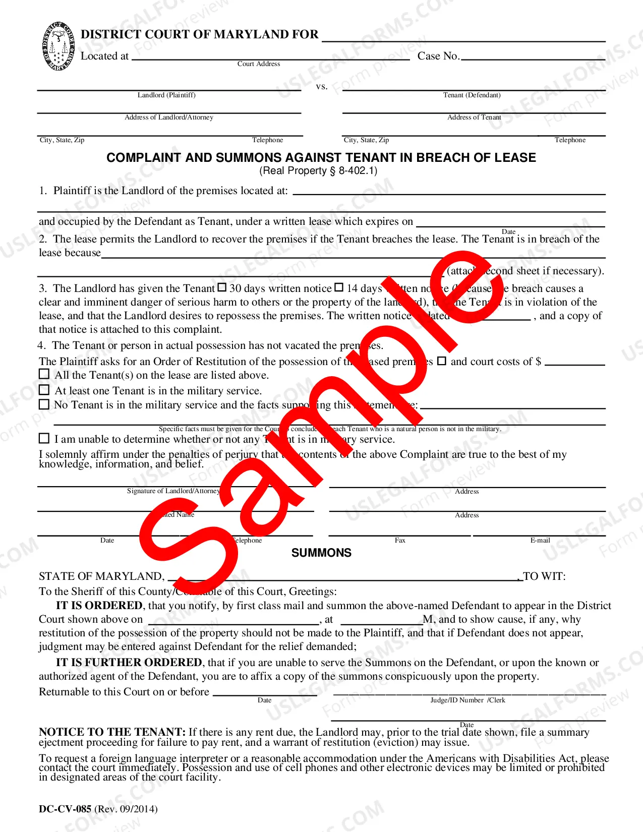 Preview Landlord/Tenant - Forms - DC-CV-085