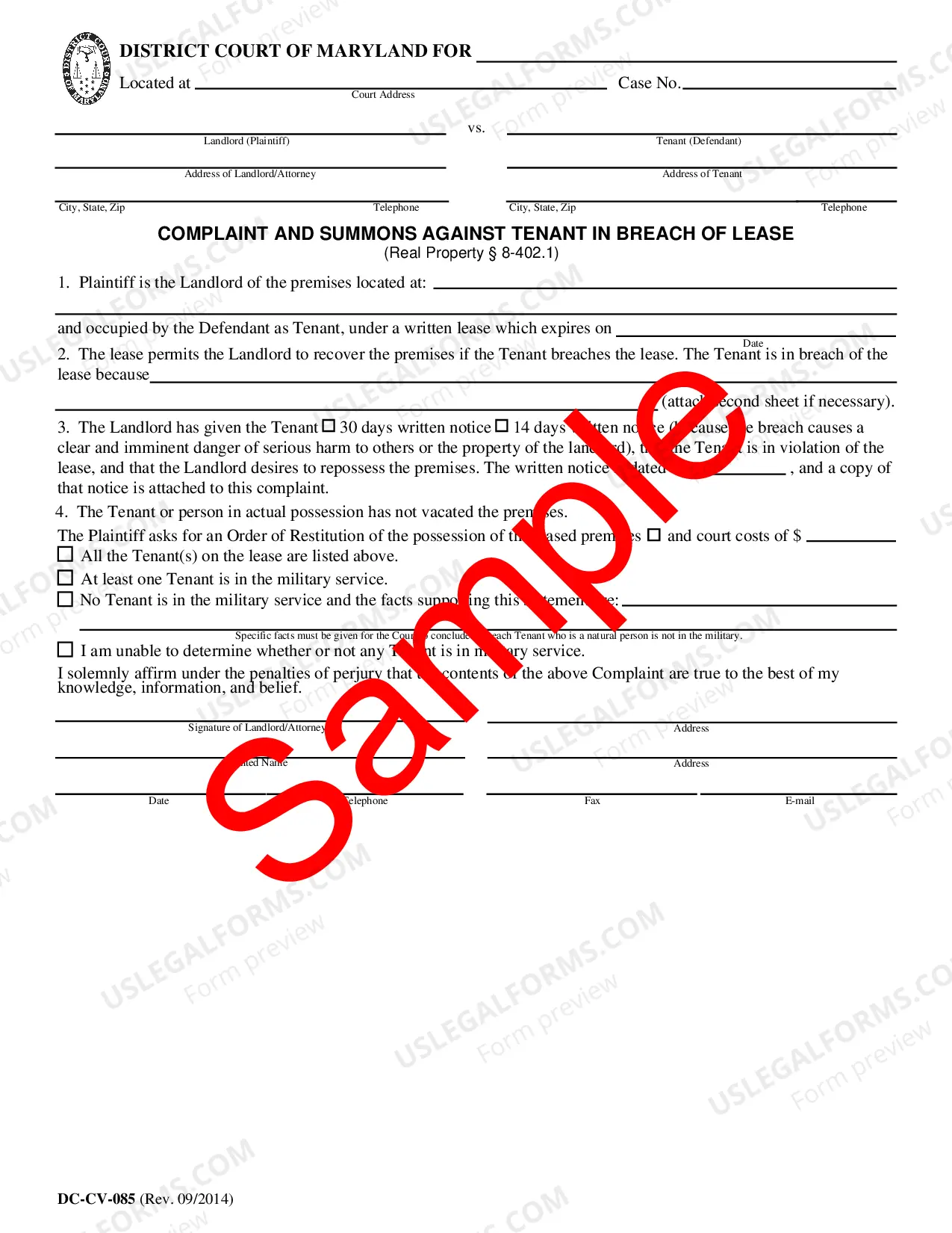 Preview Landlord/Tenant - Forms - DC-CV-085