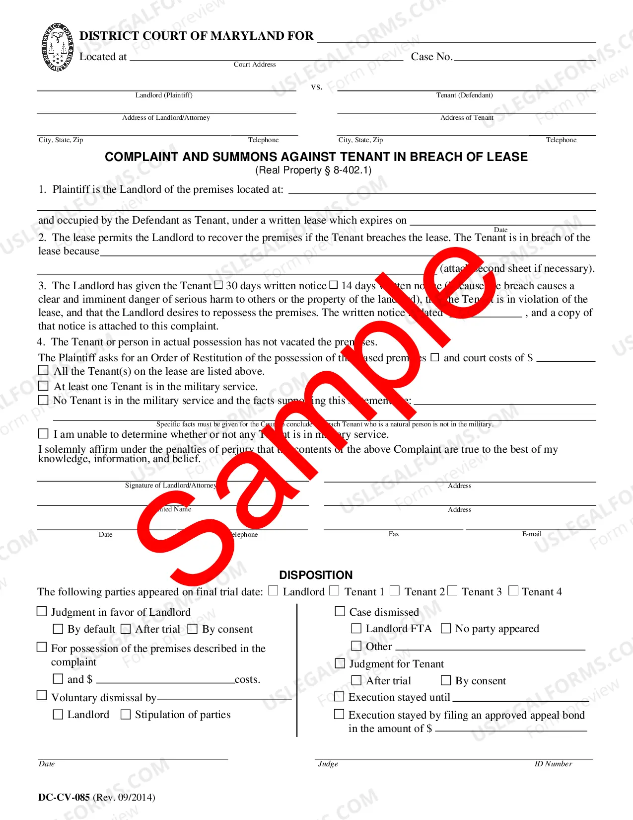 Preview Landlord/Tenant - Forms - DC-CV-085