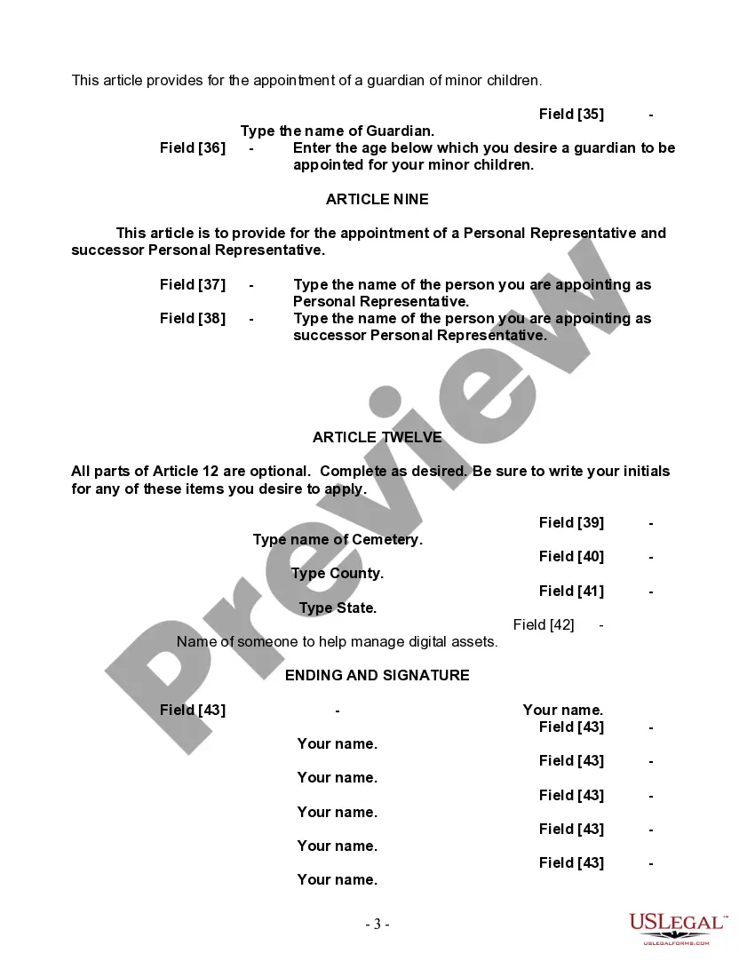 Preview Last Will and Testament for Single Person with Adult and Minor Children