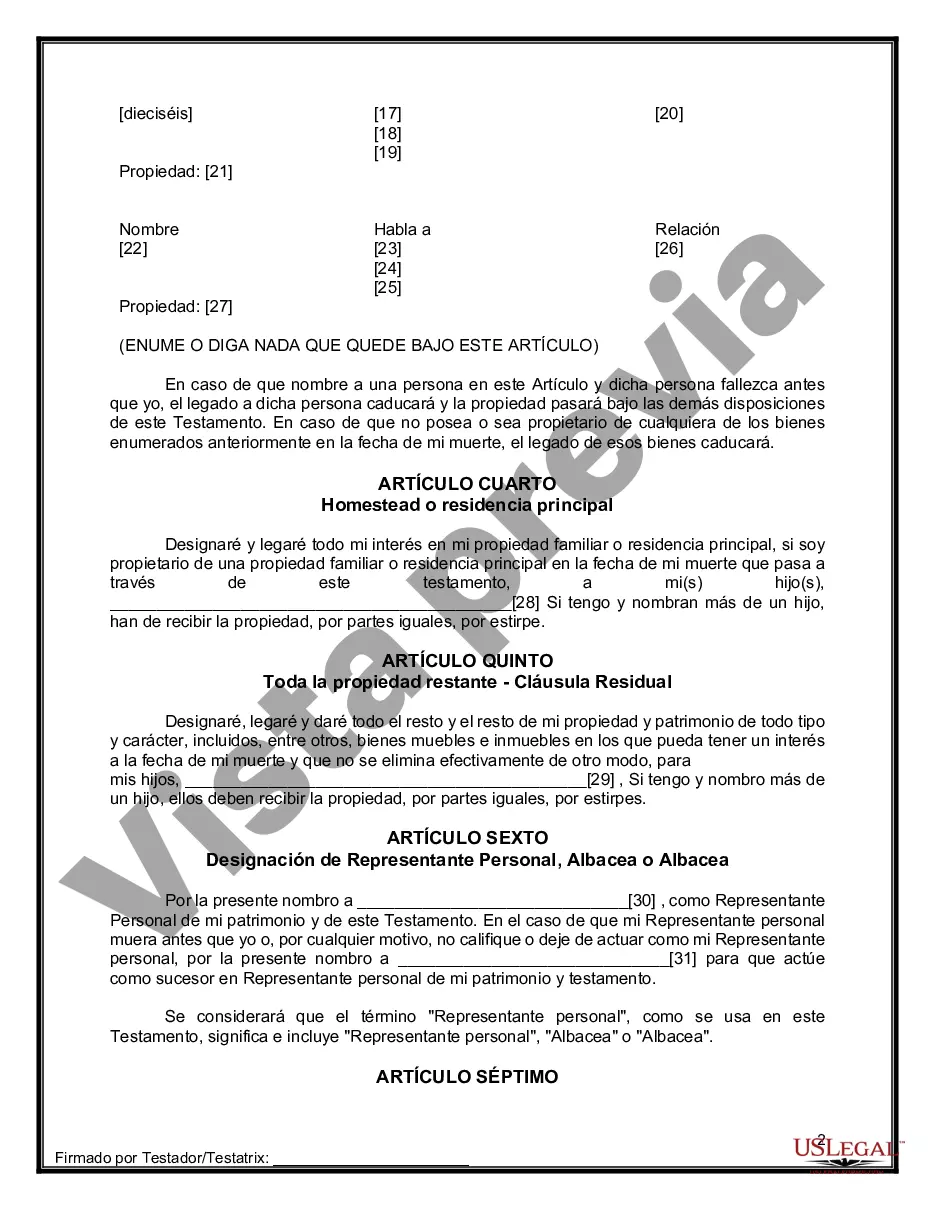 Preview Formulario Legal de Última Voluntad y Testamento para Persona Soltera con Hijos Adultos