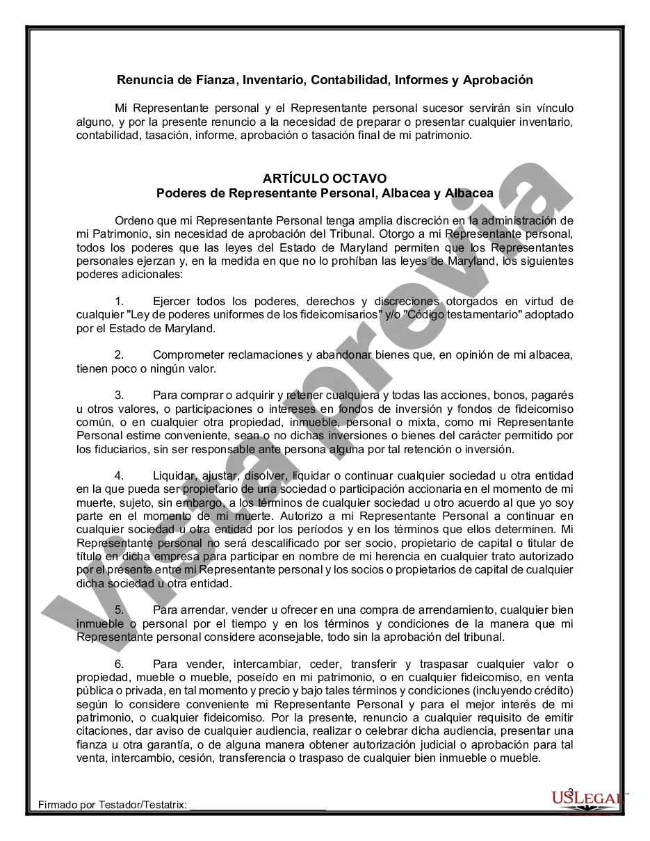 Preview Formulario Legal de Última Voluntad y Testamento para Persona Soltera con Hijos Adultos