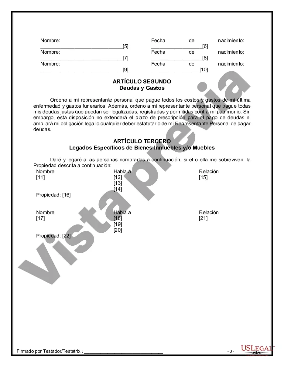 Preview Última voluntad y testamento legal para persona casada con hijos menores de edad de un matrimonio anterior
