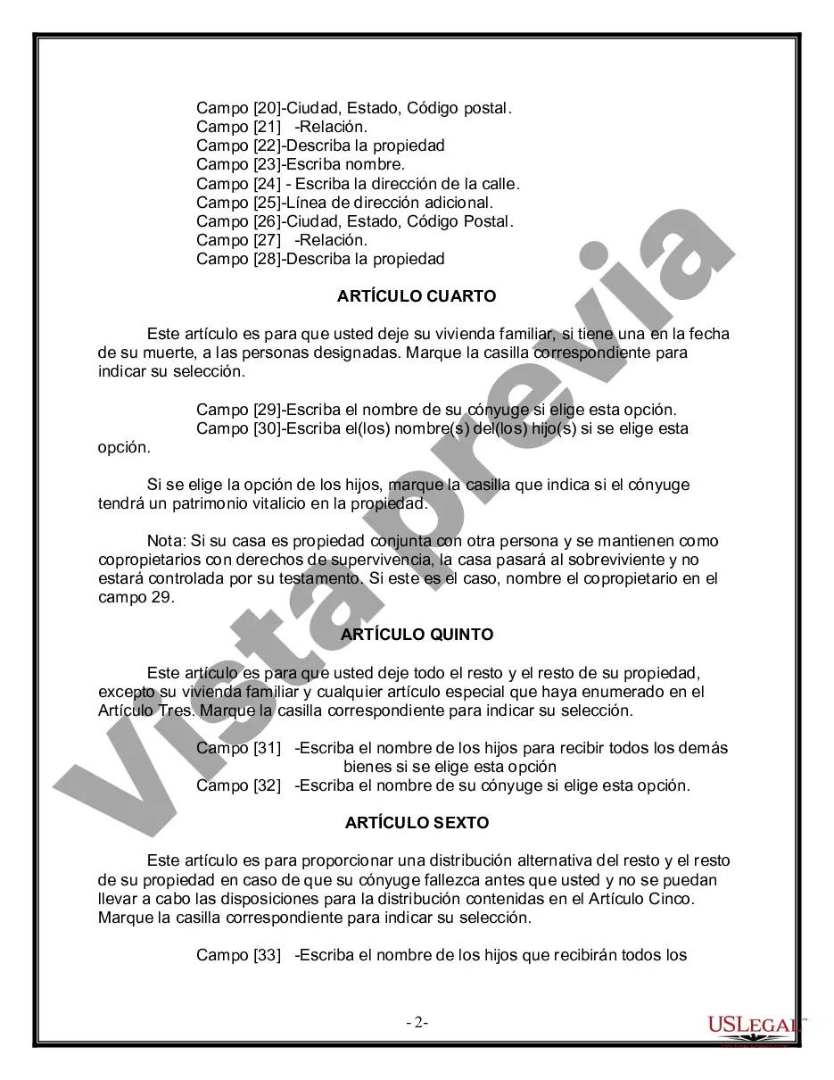 Preview Última voluntad y testamento legal para persona casada con hijos menores de edad de un matrimonio anterior