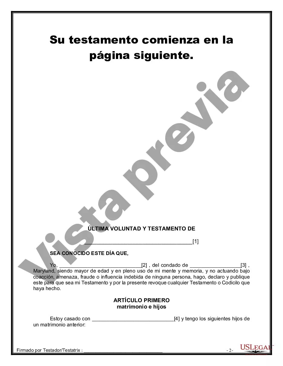 Preview Última voluntad y testamento legal para persona casada con hijos menores de edad de un matrimonio anterior