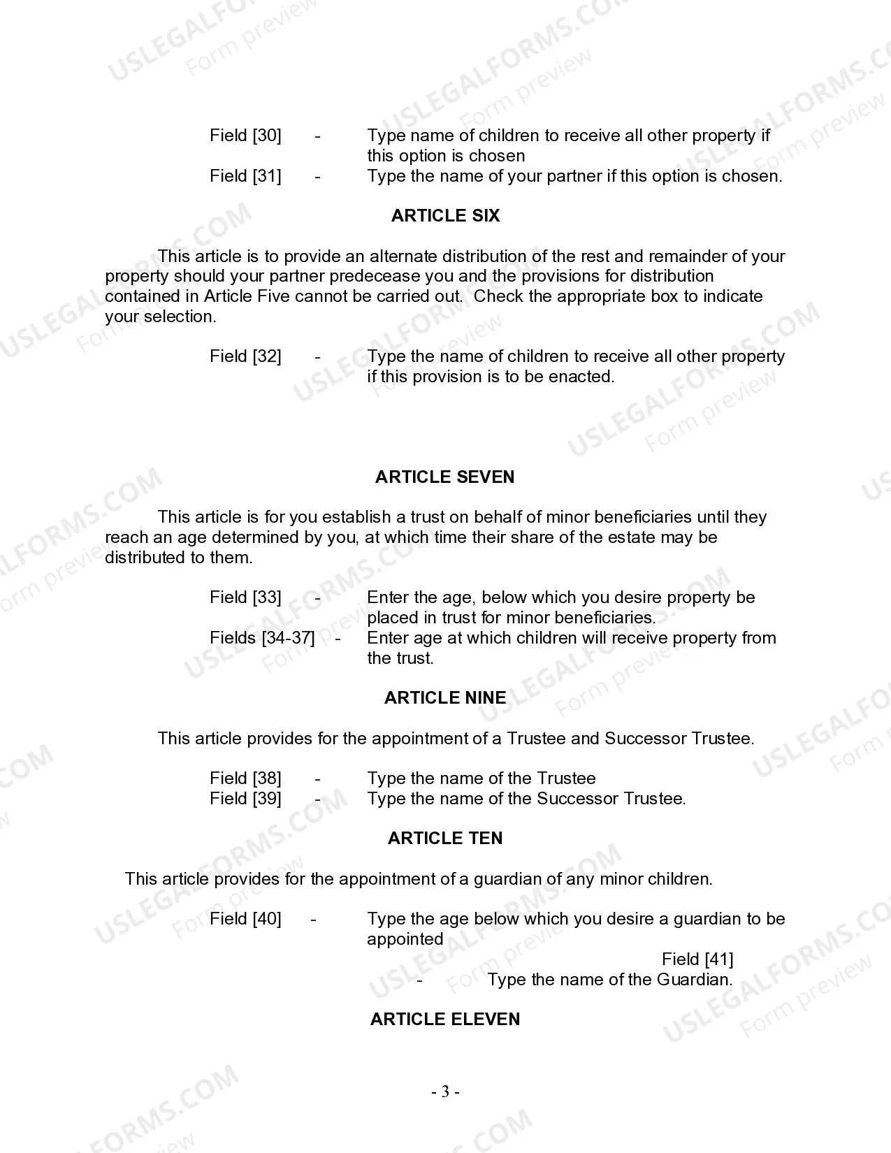 Preview Last Will and Testament for Domestic Partner with Minor Children from Prior Marriage