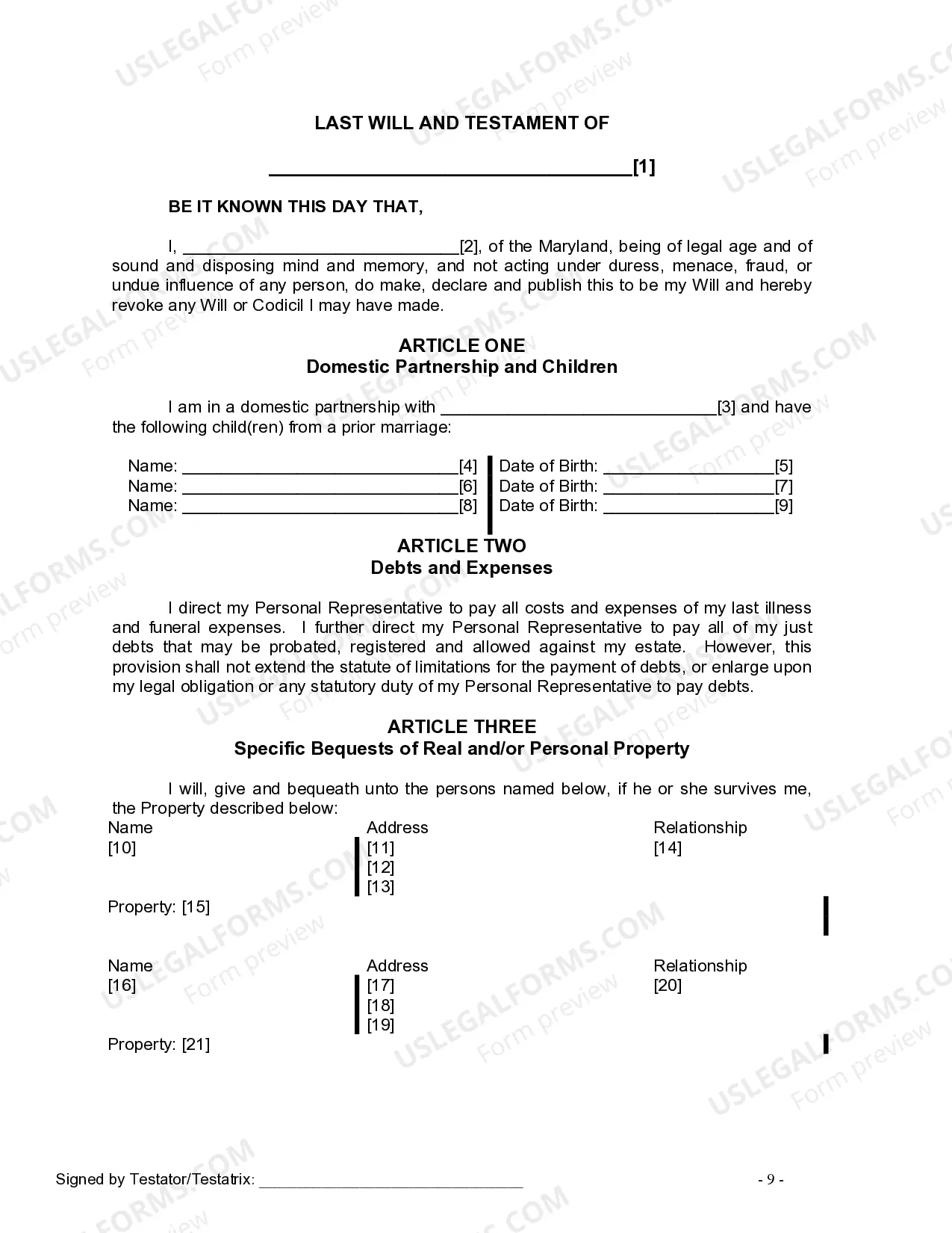 Preview Last Will and Testament for Domestic Partner with Minor Children from Prior Marriage