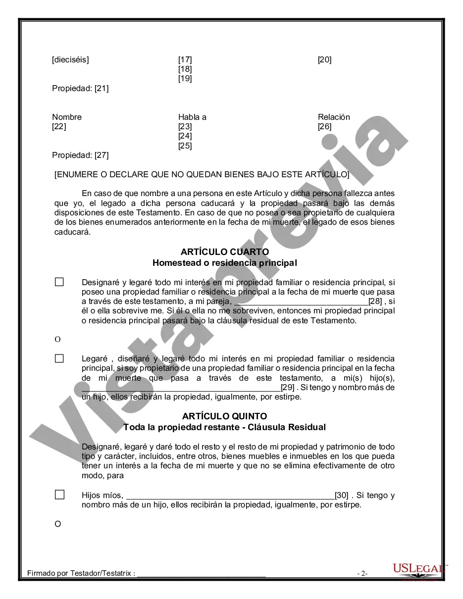 Preview Formulario de última voluntad y testamento legal para pareja de hecho con hijos adultos de un matrimonio anterior