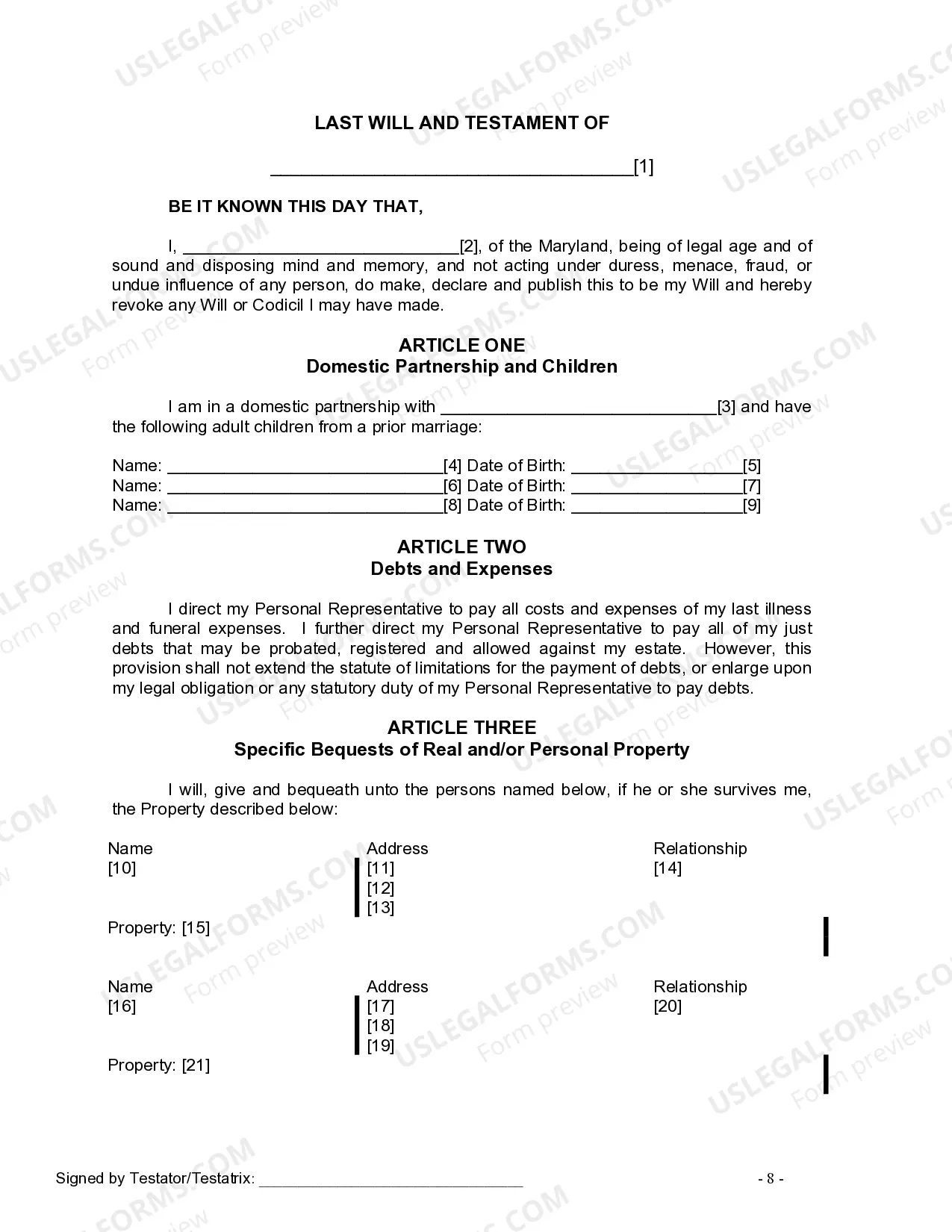 Preview Last Will and Testament for Domestic Partner with Adult Children from Prior Marriage