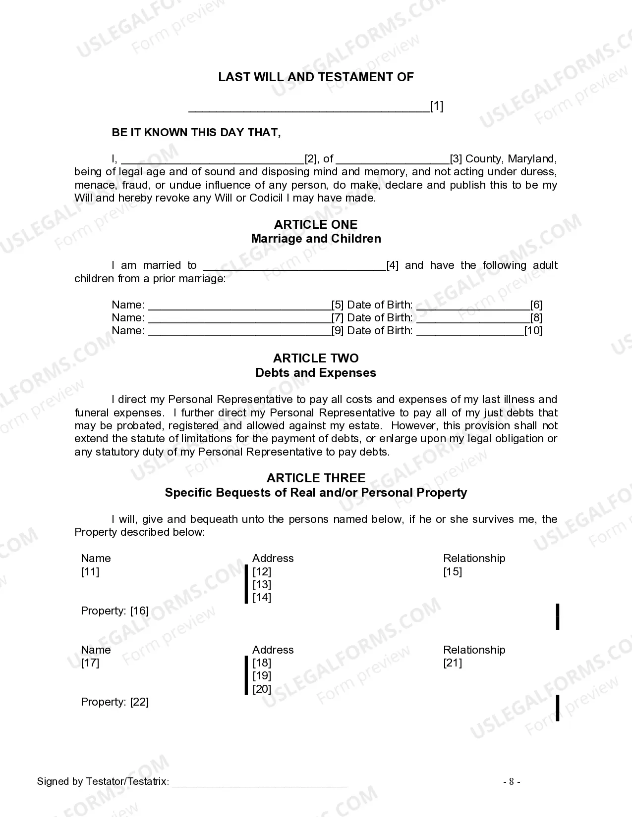 Preview Last Will and Testament for Married person with Adult Children from Prior Marriage