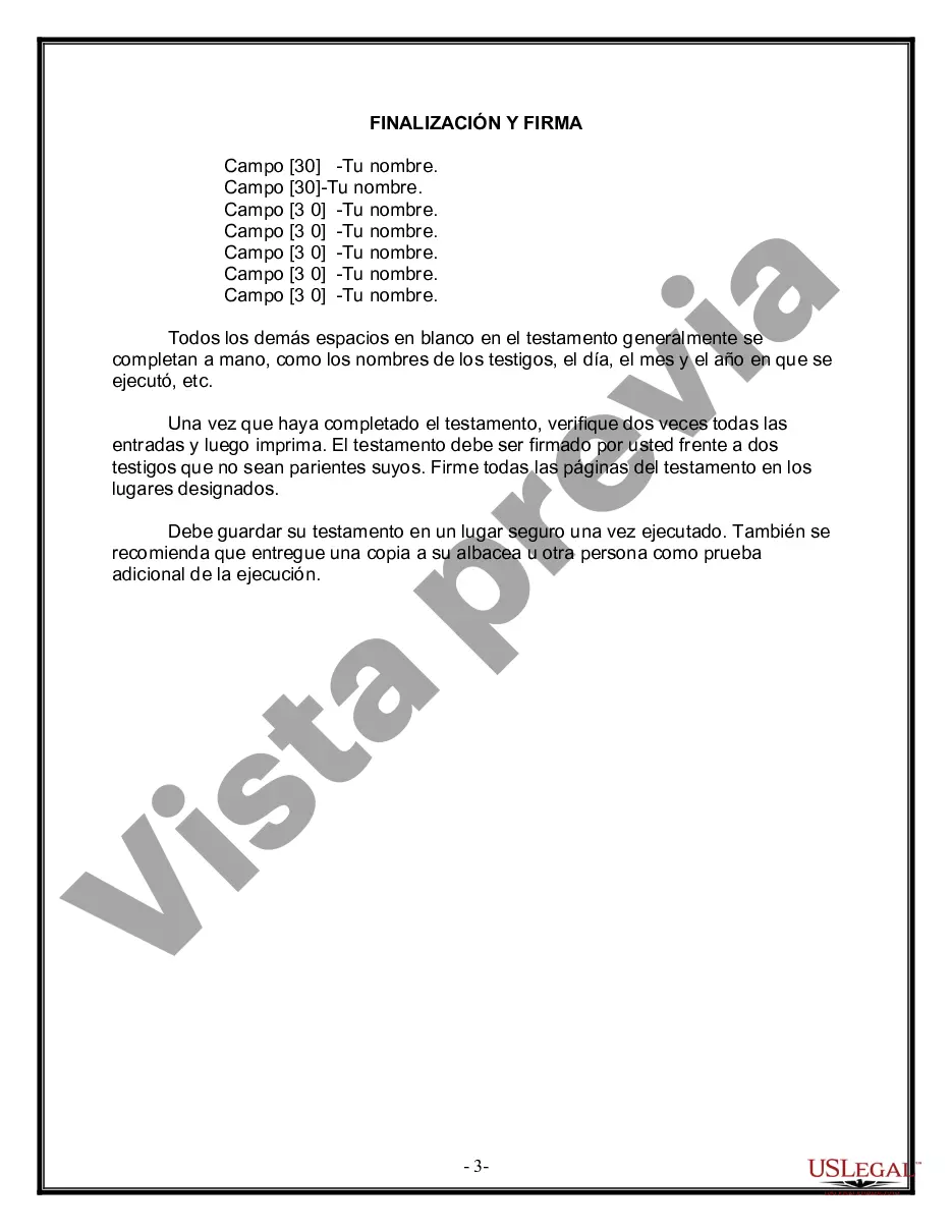 Preview Formulario de última voluntad y testamento legal para personas divorciadas que no se han vuelto a casar y no tienen hijos