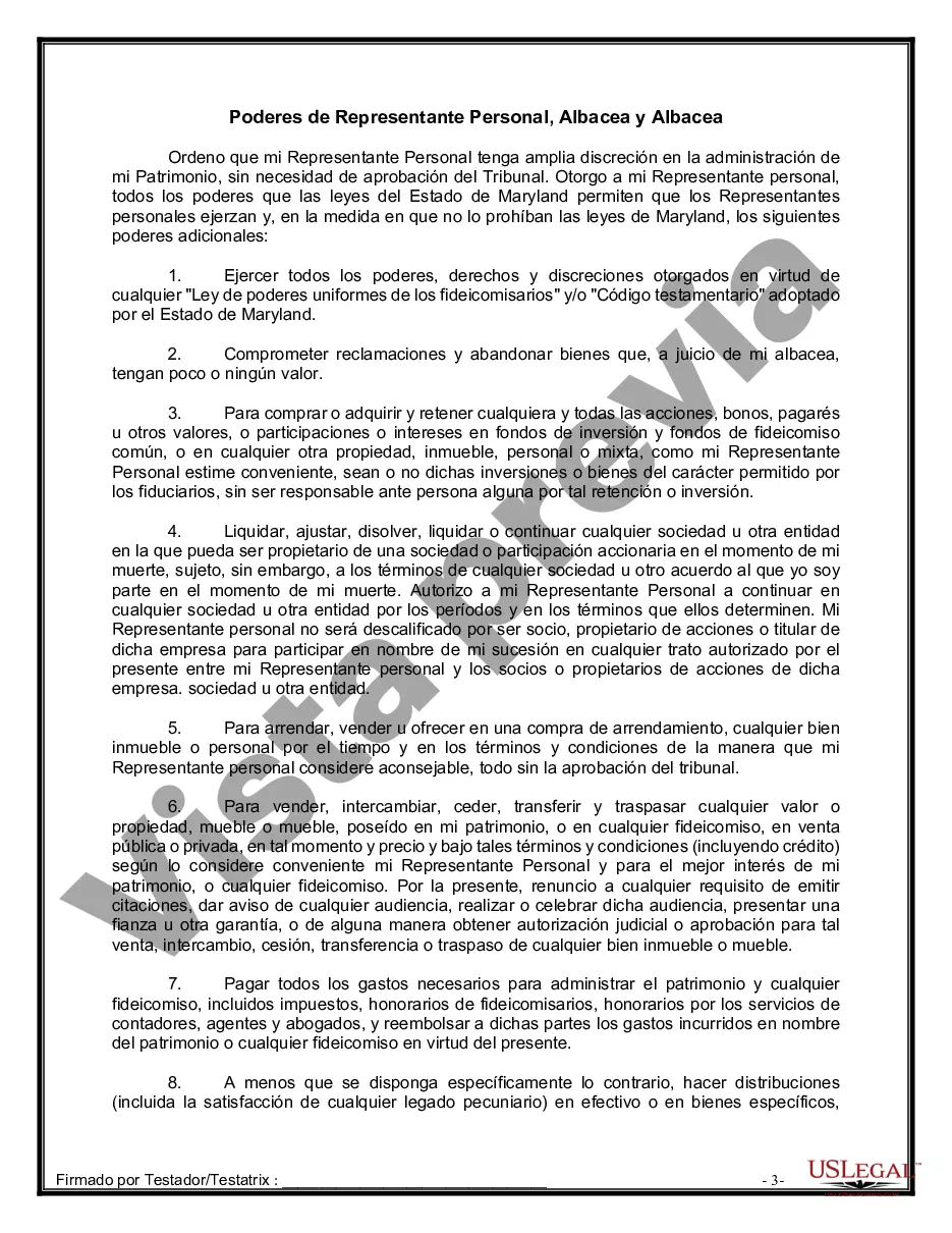 Preview Formulario de última voluntad y testamento legal para personas divorciadas que no se han vuelto a casar y no tienen hijos