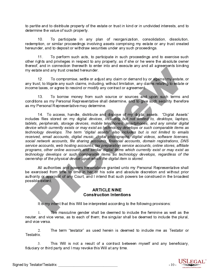 Preview Last Will and Testament for Divorced Person Not Remarried with No Children