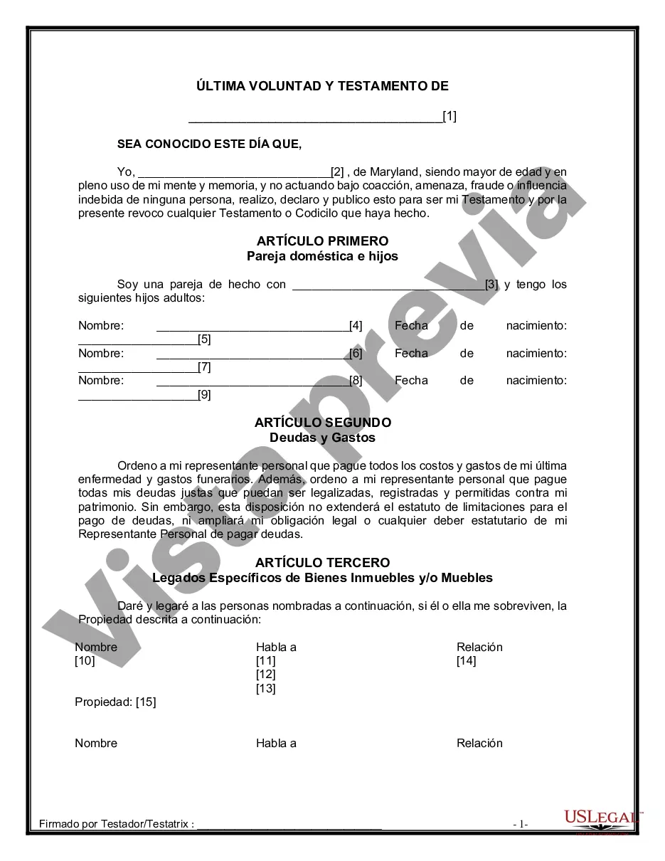 Preview Formulario de última voluntad y testamento legal para pareja de hecho con hijos adultos