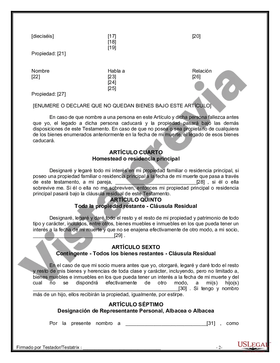 Preview Formulario de última voluntad y testamento legal para pareja de hecho con hijos adultos
