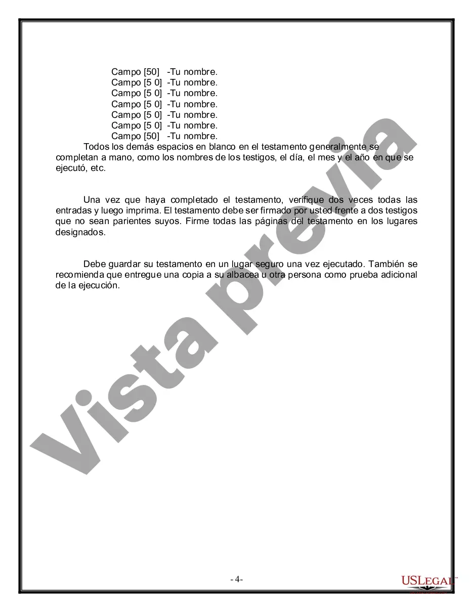 Preview Formulario de última voluntad y testamento legal para una pareja de hecho sin hijos