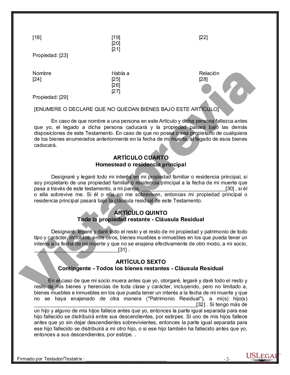 Preview Formulario de última voluntad y testamento legal para una pareja de hecho sin hijos
