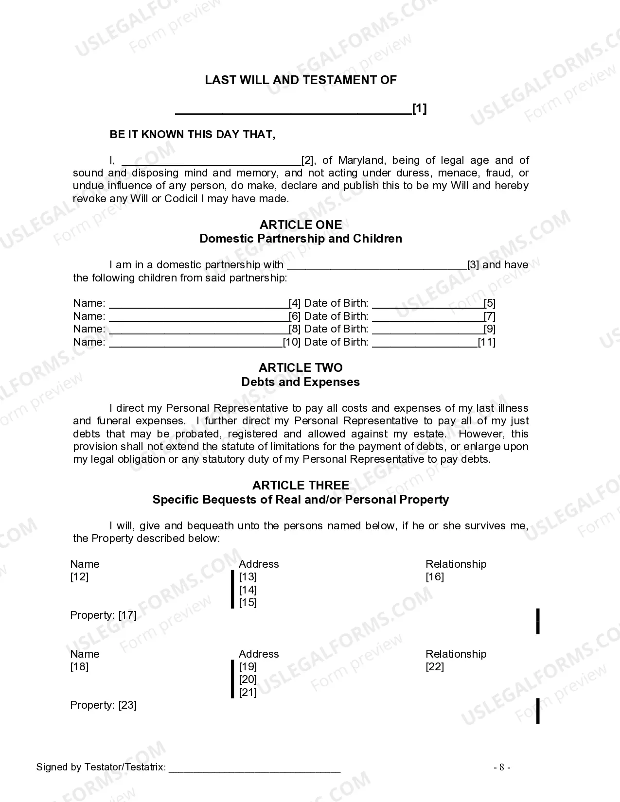 Preview Last Will and Testament for Domestic Partner with Minor Children