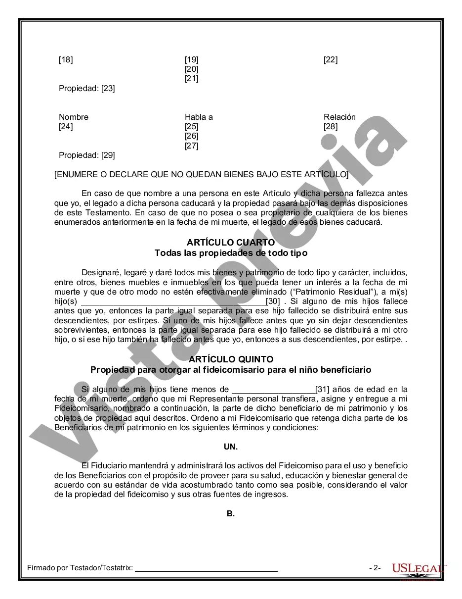 Preview Formulario de última voluntad y testamento legal para personas divorciadas que no se han vuelto a casar con hijos adultos y menores