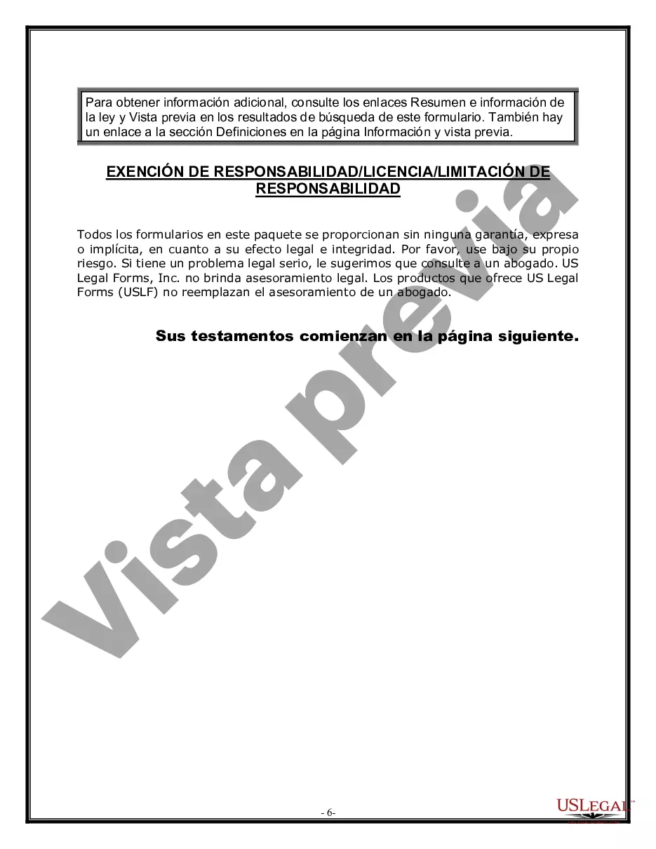 Get Paquete de Voluntades Mutuas con Últimas Voluntades y Testamentos para Pareja Casada sin Hijos Preview Paquete de Voluntades Mutuas con Últimas Voluntades y Testamentos para Pareja Casada sin Hijos