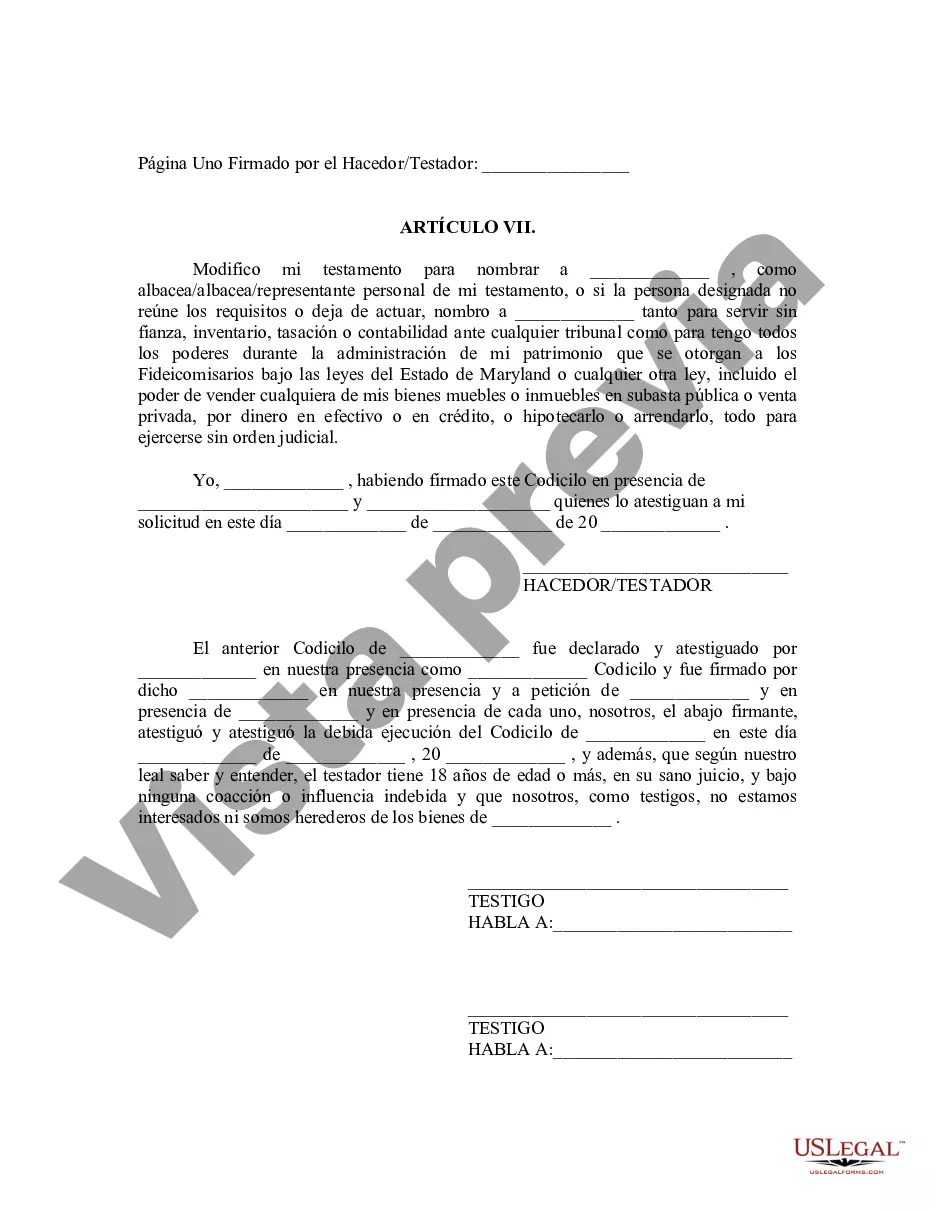 Get Codicilo al formulario de testamento para enmendar su testamento - Cambios o enmiendas de testamento Preview Codicilo al formulario de testamento para enmendar su testamento - Cambios o enmiendas de testamento