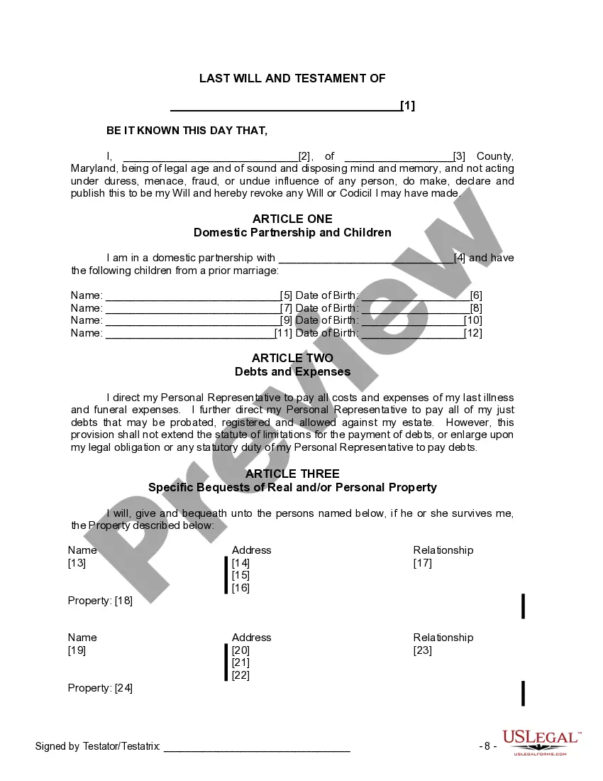 Preview Last Will and Testament for Domestic Partner with Adult and Minor Children from Prior Marriage
