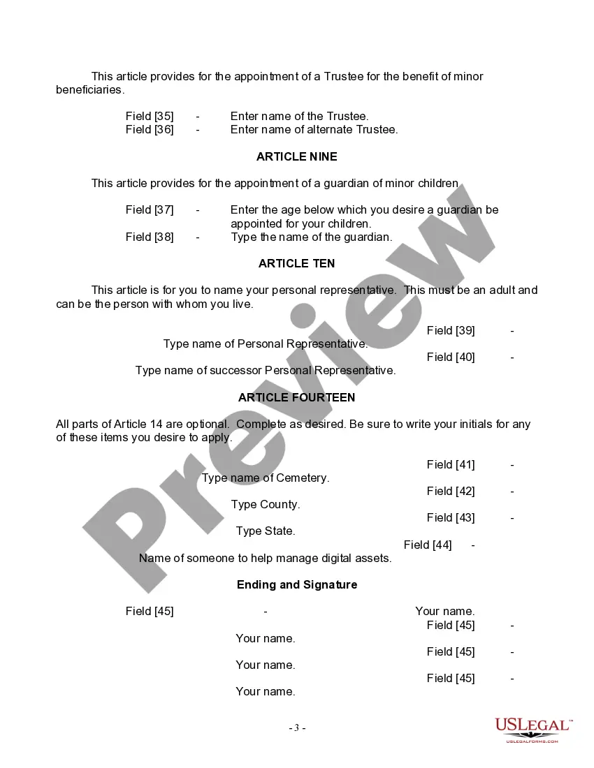 Preview Last Will and Testament for Widow or Widower with Minor Children
