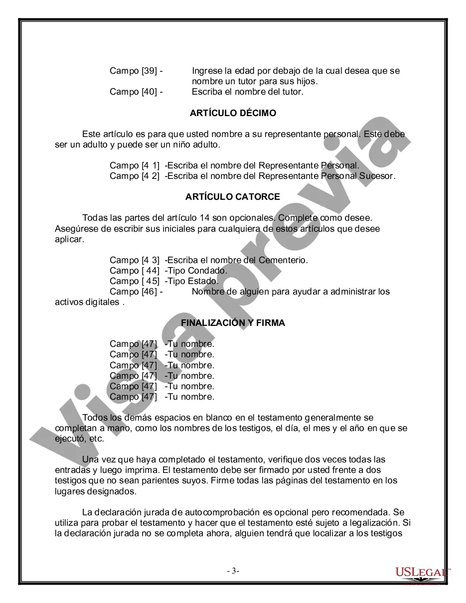 Preview Formulario de última voluntad y testamento legal para una viuda o viudo con hijos adultos y menores