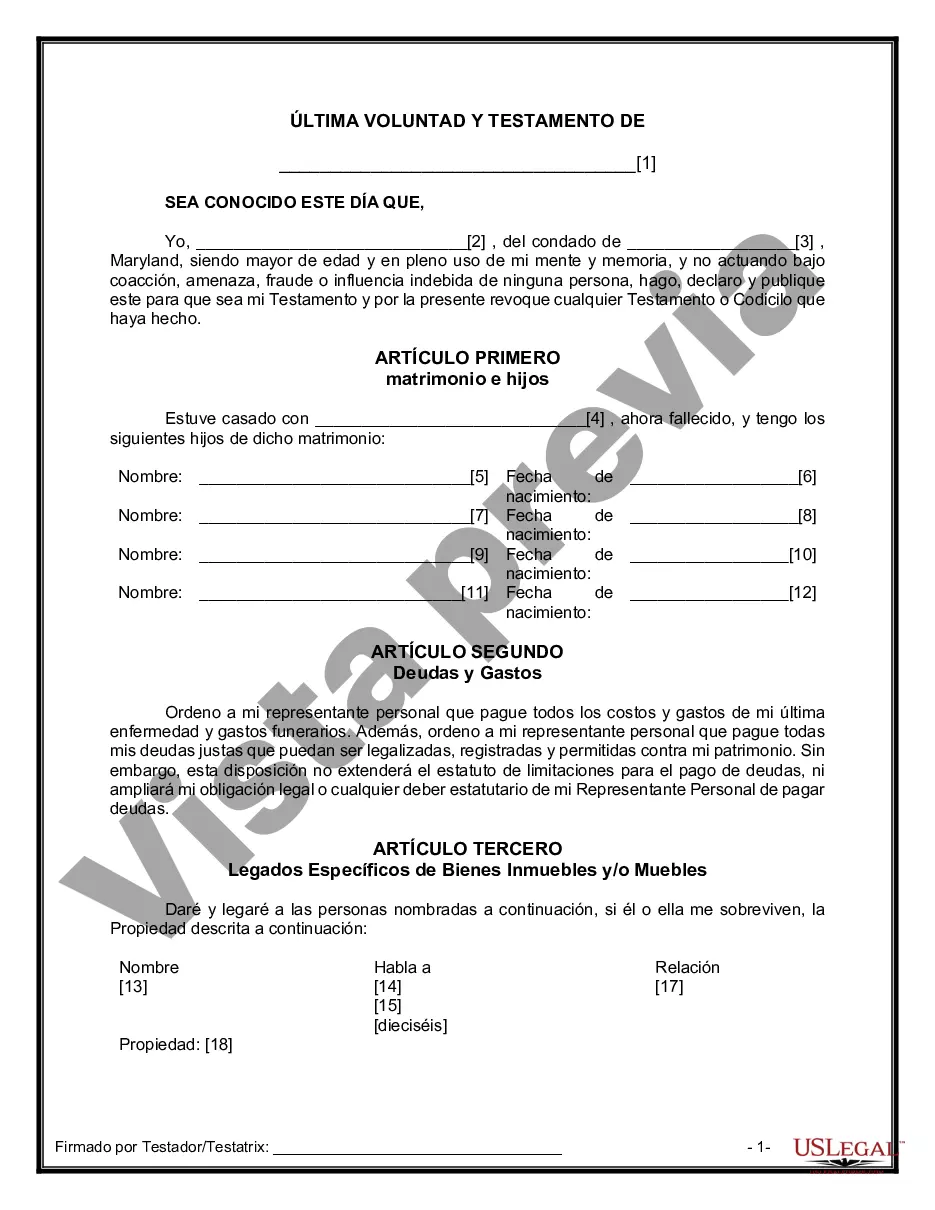 Preview Formulario de última voluntad y testamento legal para una viuda o viudo con hijos adultos y menores