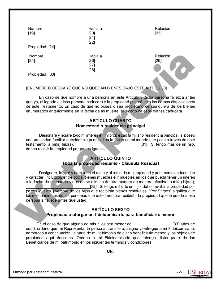 Preview Formulario de última voluntad y testamento legal para una viuda o viudo con hijos adultos y menores