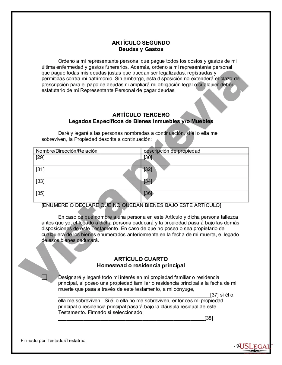 Preview Formulario Legal de Última Voluntad y Testamento para Persona Divorciada y Recasada con Hijos Míos, Tuyos y Nuestros