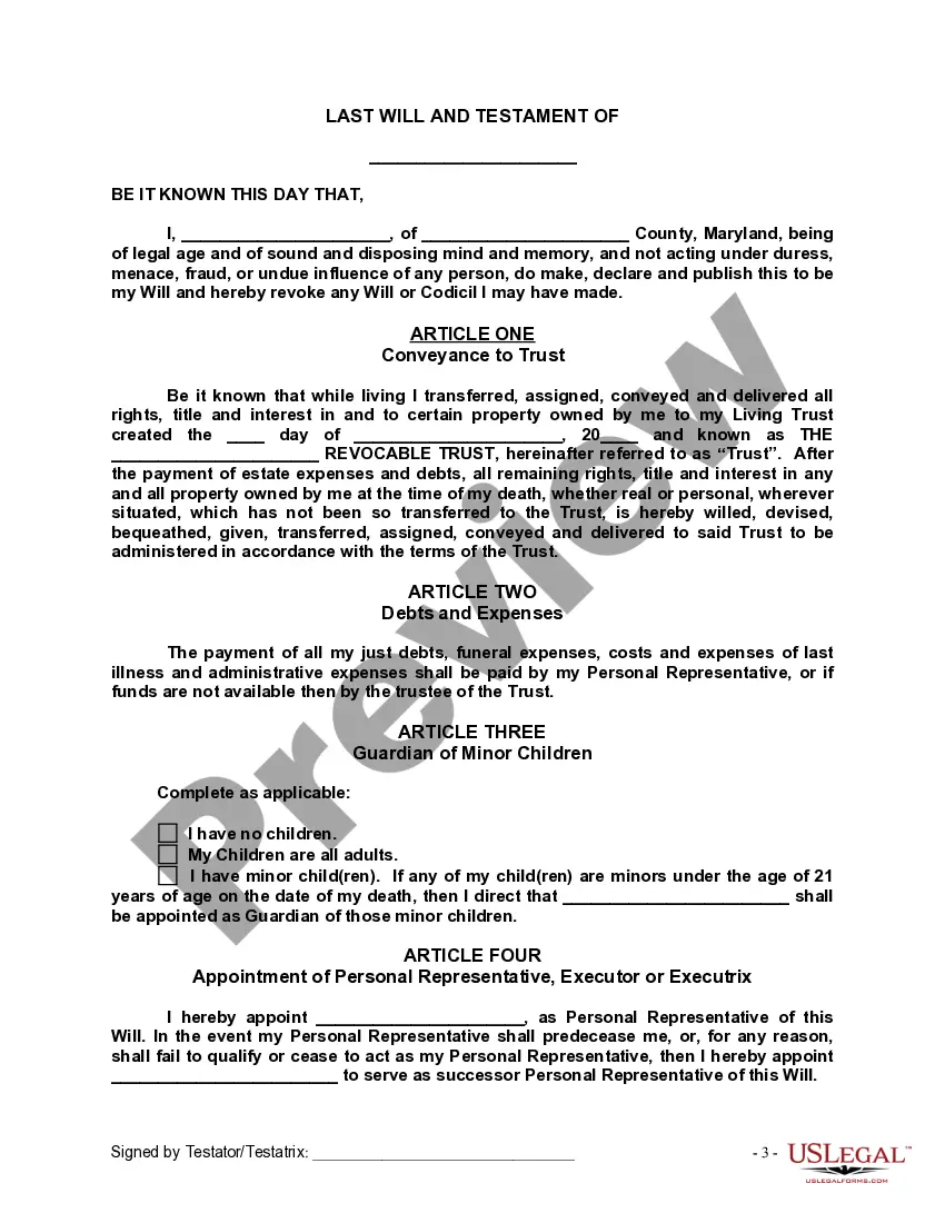 Preview Last Will and Testament with All Property to Trust called a Pour Over Will