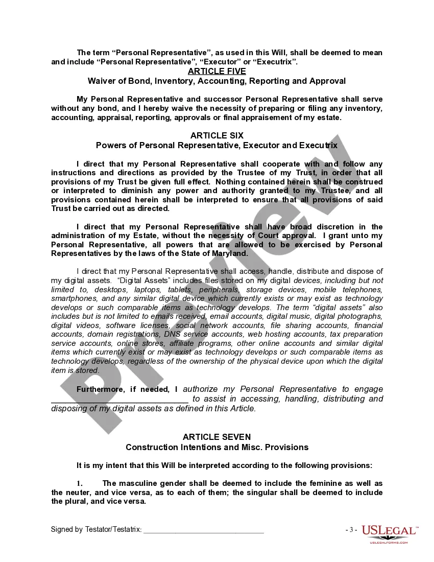 Preview Last Will and Testament with All Property to Trust called a Pour Over Will