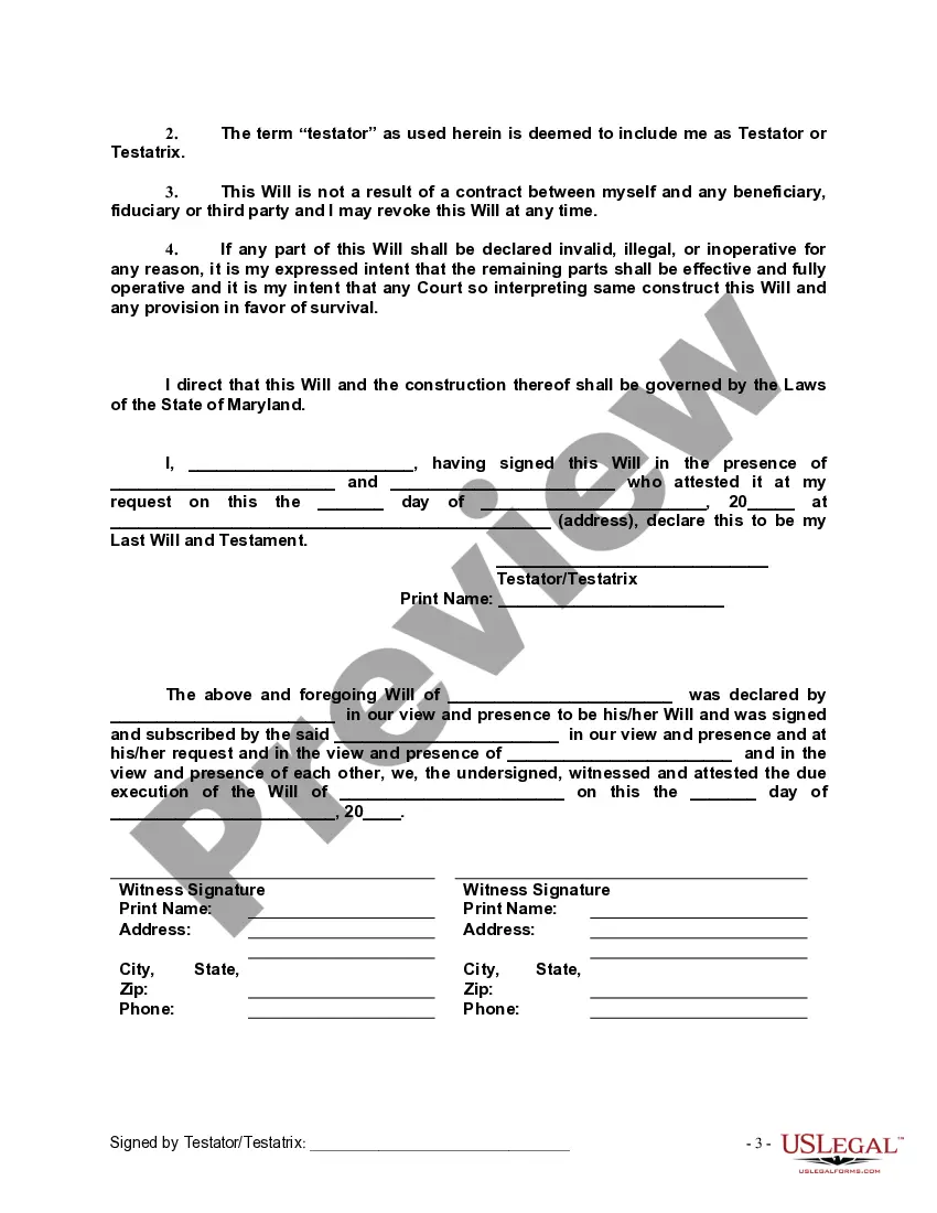 Preview Last Will and Testament with All Property to Trust called a Pour Over Will