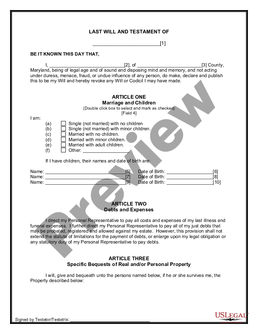 Maryland Last Will And Testament For Other Persons Us Legal Forms 0717