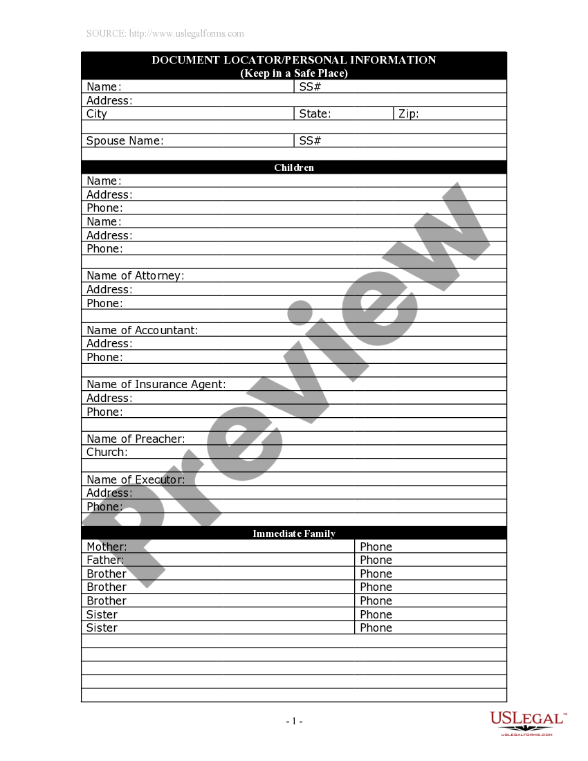 Maryland Document Locator and Personal Information Package including